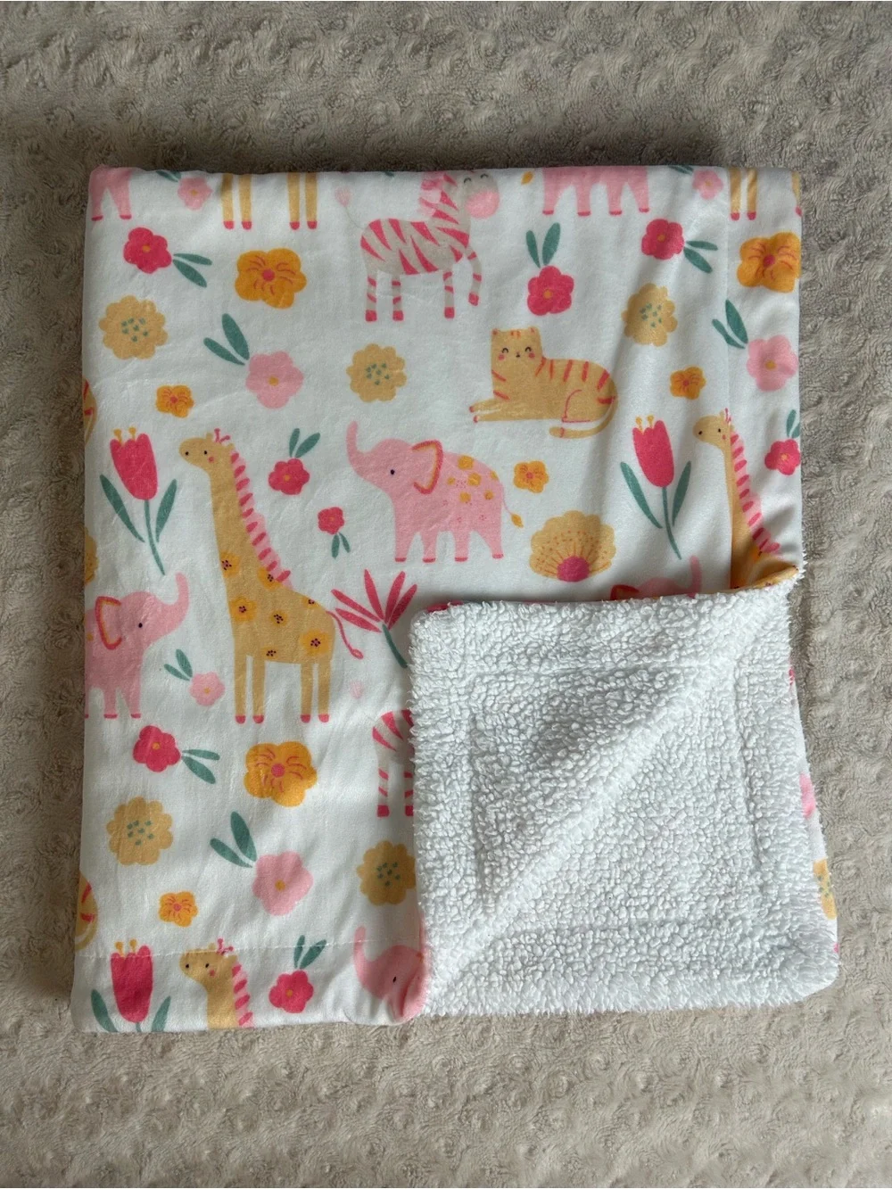 Pink Orange Yellow Elephant Giraffe Zebra Cat Baby Blanket Sherpa White Flowers